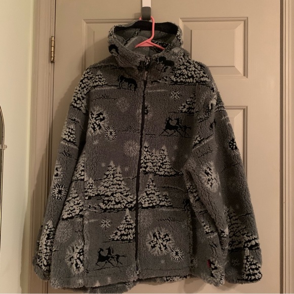 Woolrich vintage thick fleece horse pine tree grey black aspen funnel neck hood - Picture 1 of 3